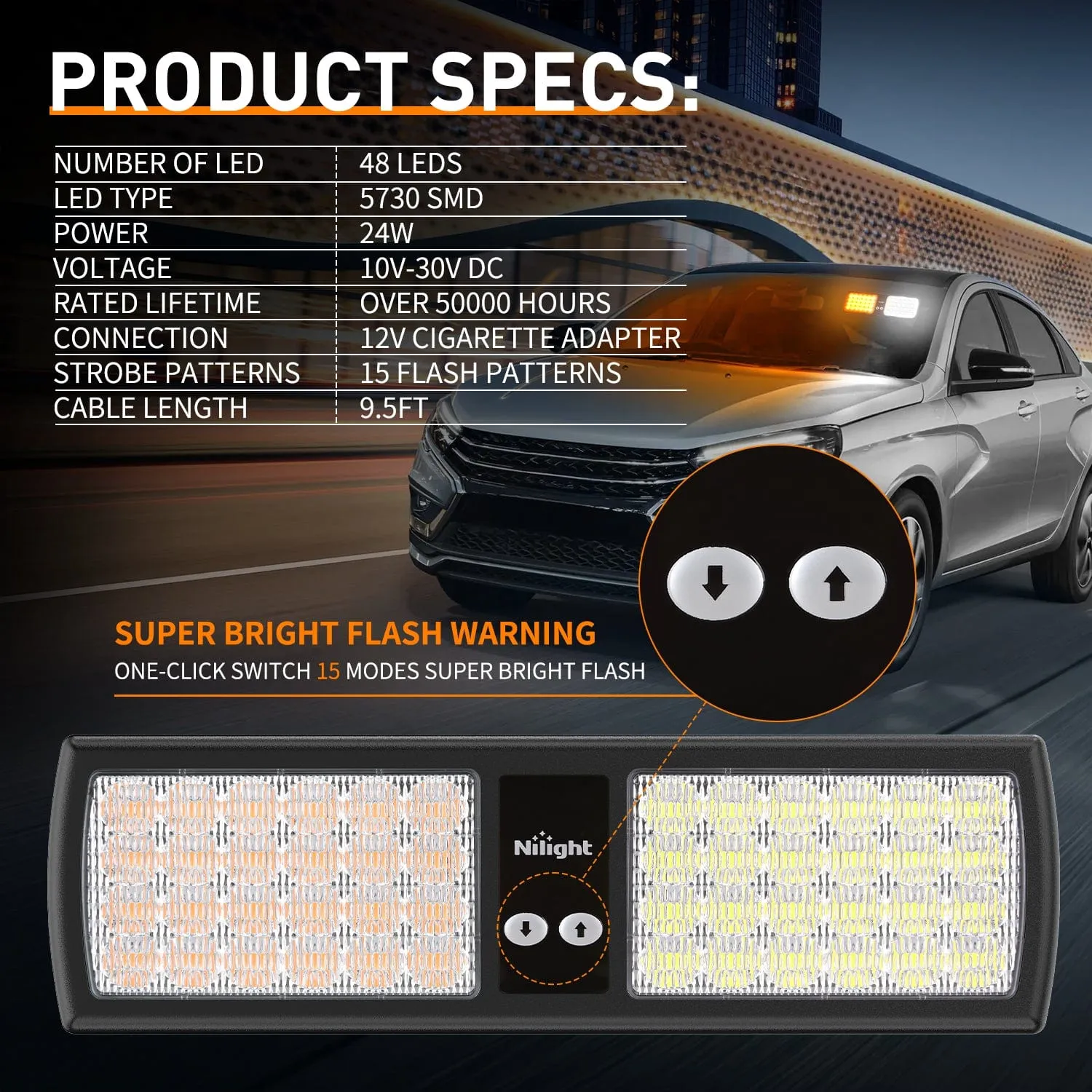 48 LED Amber White Emergency Warning Strobe Lights