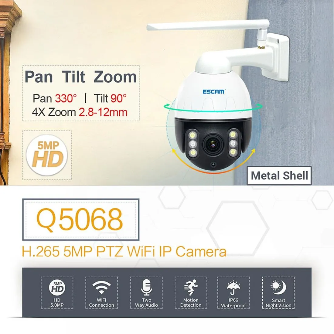 5Mp Wifi Waterproof Ip Camera With Pan / Tilt / 4X Zoom Two-Way Talk & Night Vision