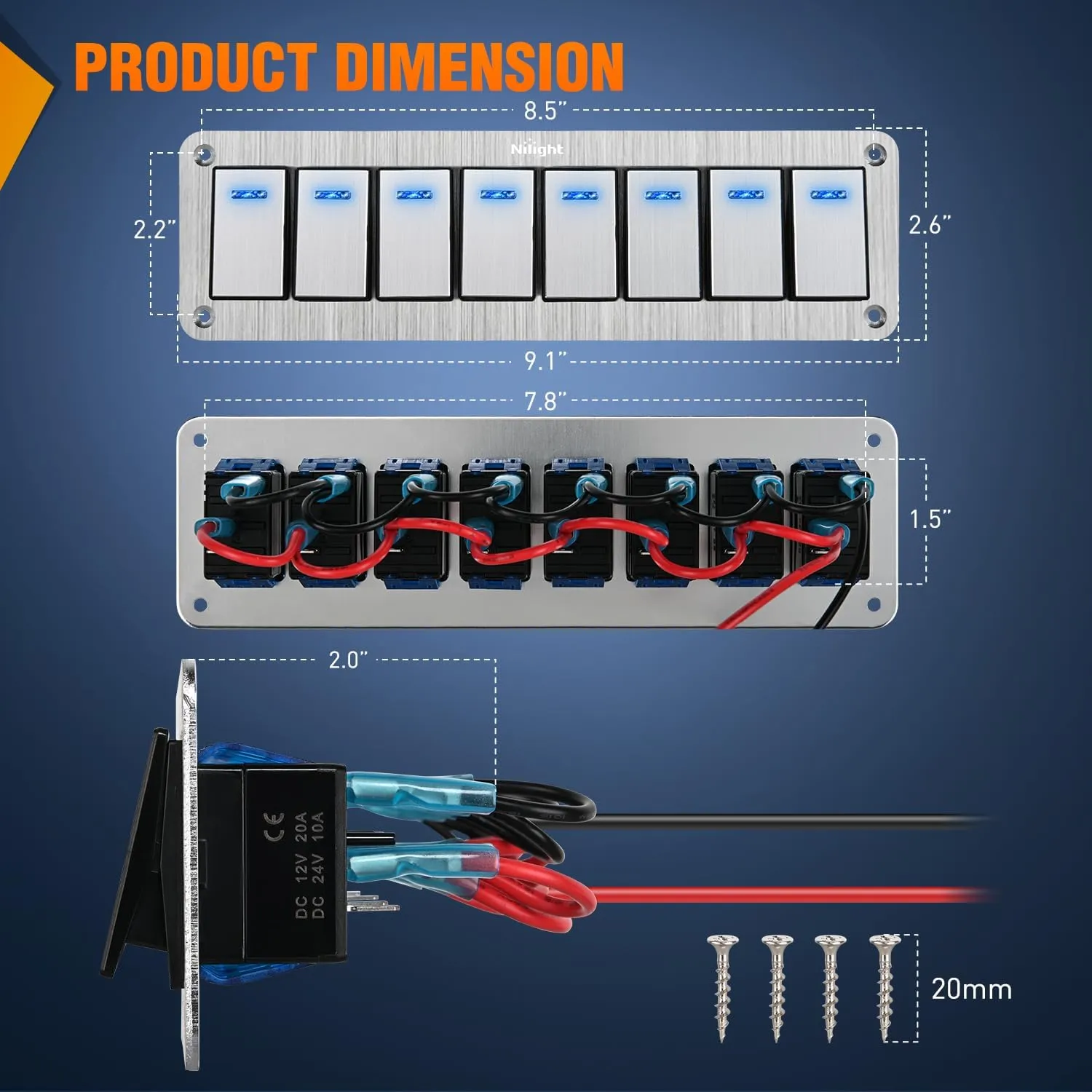 8Gang Aluminum 3Pin ON/Off Blue Led Rocker Switch Panel