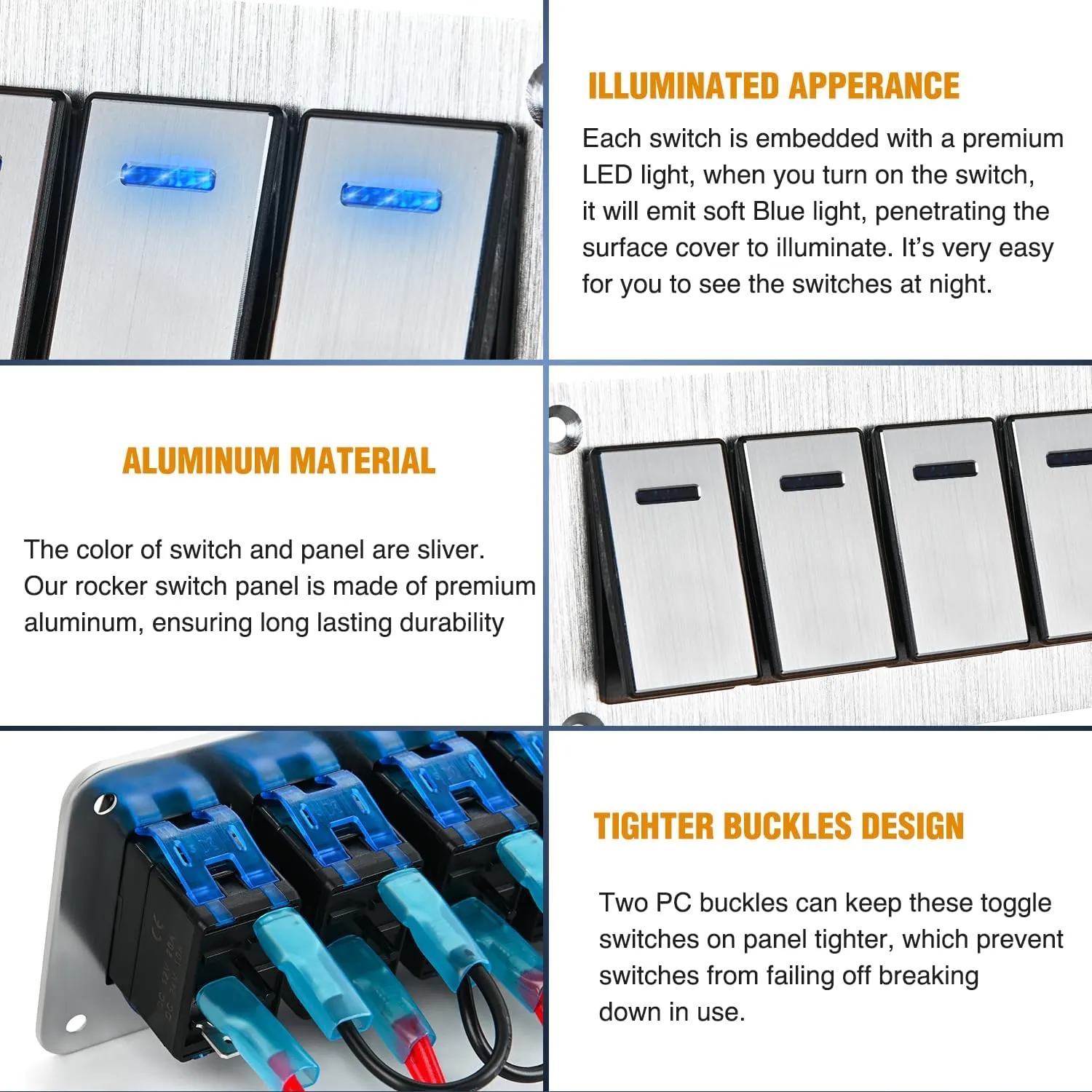 8Gang Aluminum 3Pin ON/Off Blue Led Rocker Switch Panel
