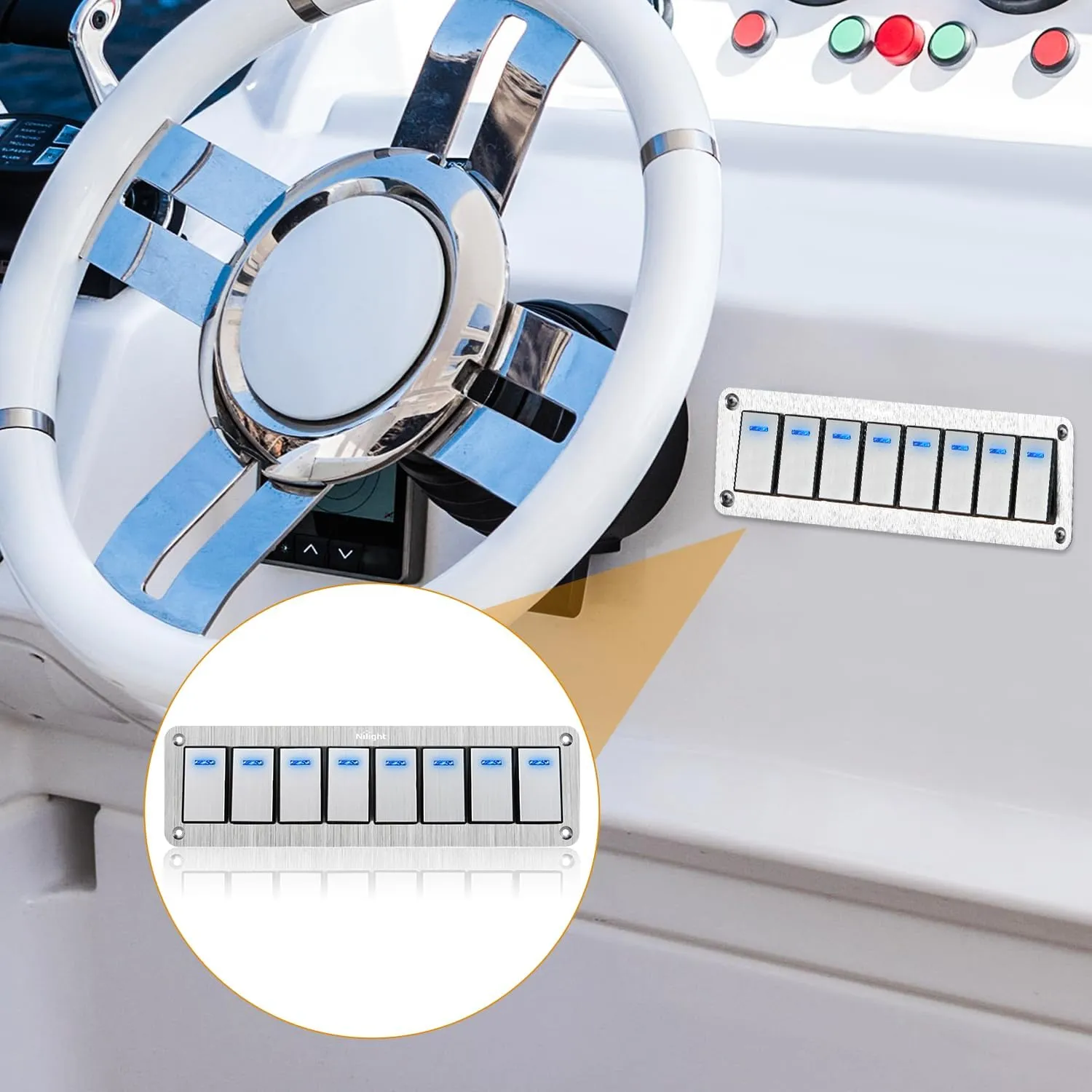 8Gang Aluminum 3Pin ON/Off Blue Led Rocker Switch Panel