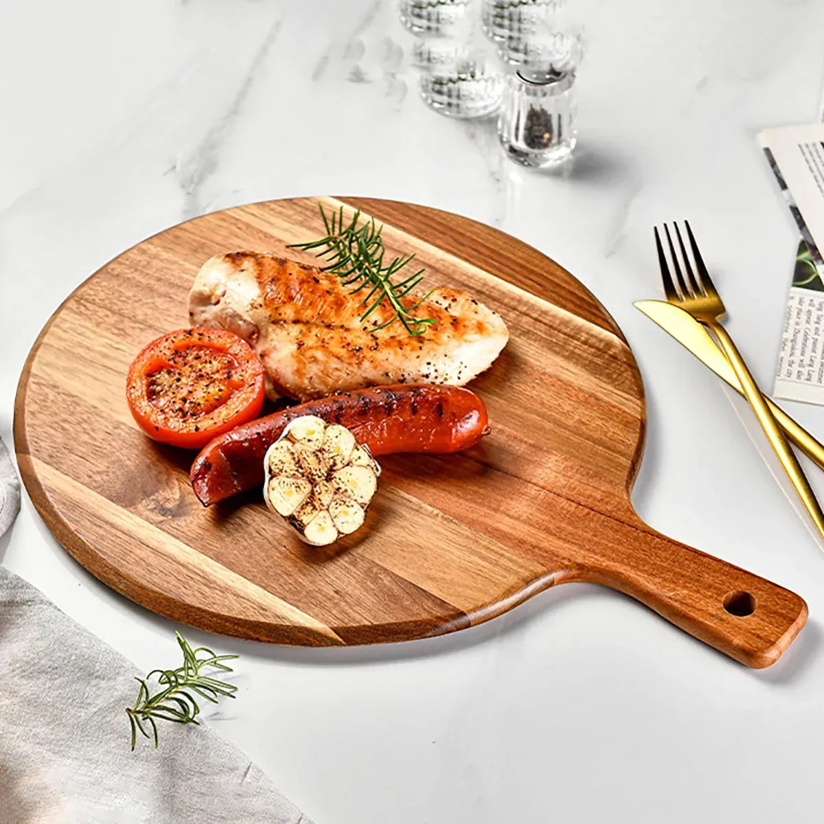 Circular Wood Cutting Board With Handle Kitchen Essential