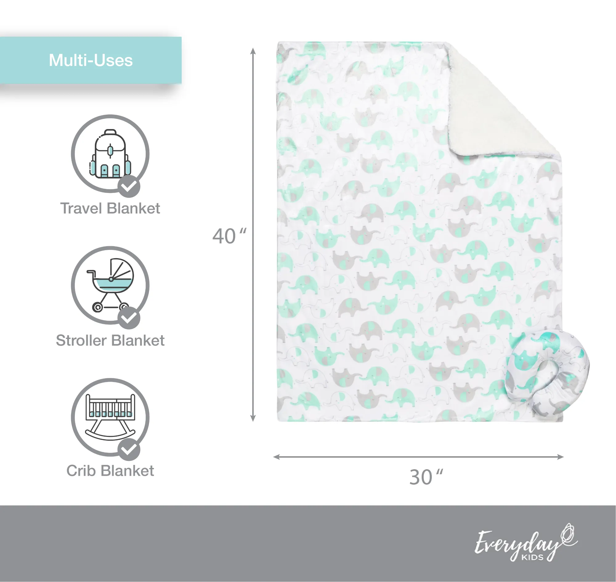Green Elephant Baby Blanket with Travel Pillow