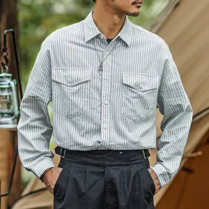 Men's American Retro Camping Outdoor White Pinstriped Shirt