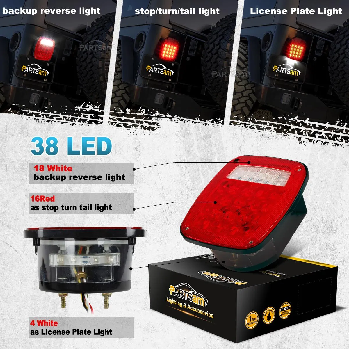 Partsam Pair 38 LED Universal Tail Brake Turn Stop License Back up Reverse Lights Rear Combination for Wrangler YJ TJ JK CJ Truck Trailer Boat RV,12V Stud Mounted Lamps Waterproof,Pack of 2